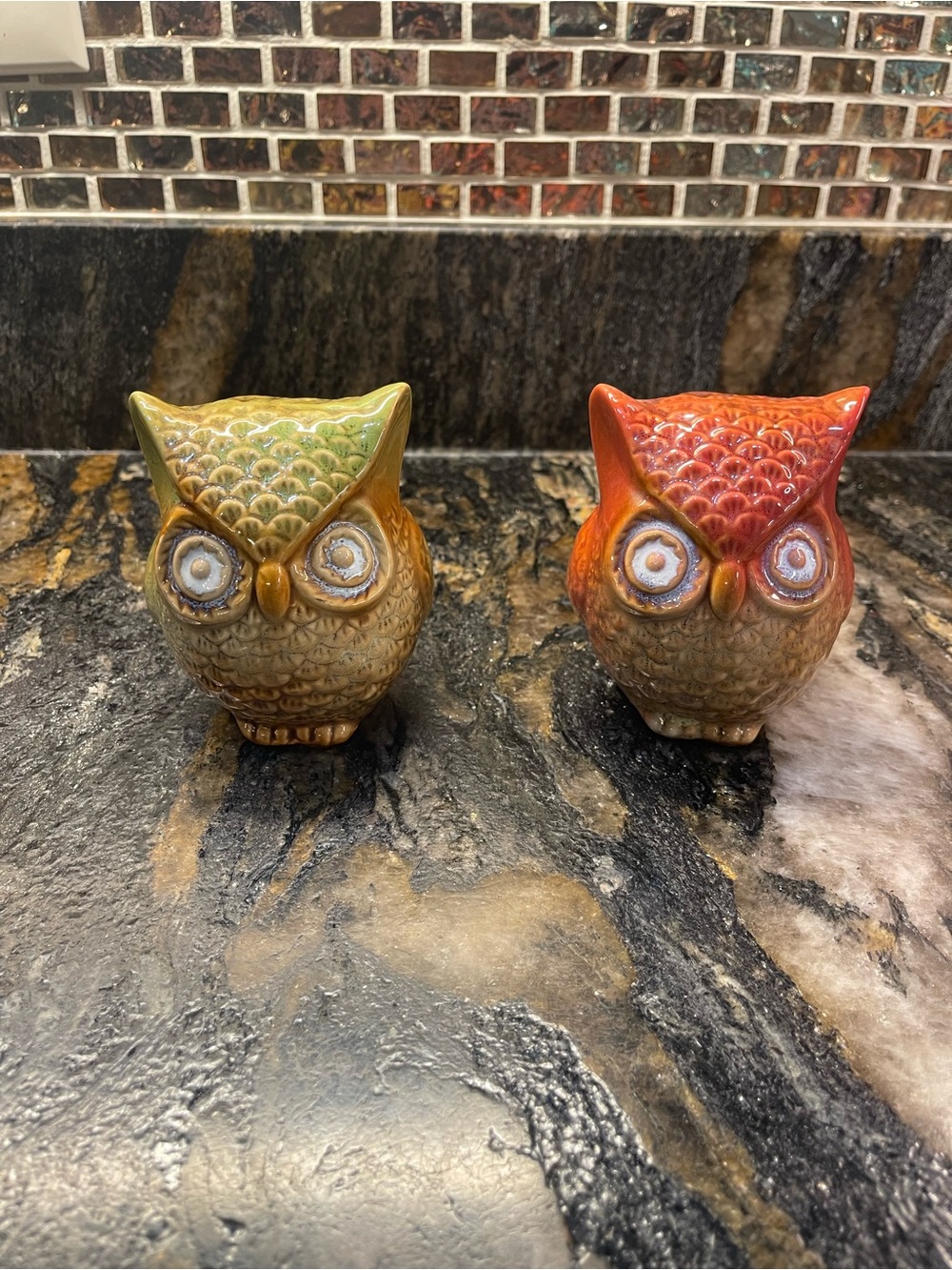 Hand-Painted Ceramic Owl Figurine Pair - Green & Orange